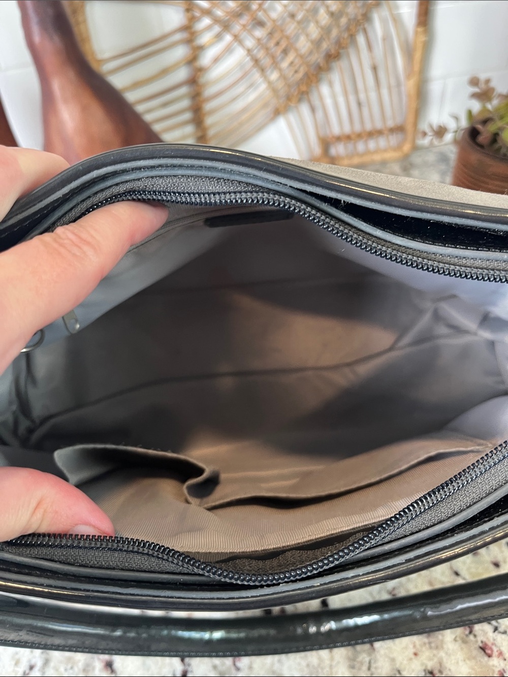 Beijo Gray Suede Shoulder Bag with Black Handle - Picture 11 of 13